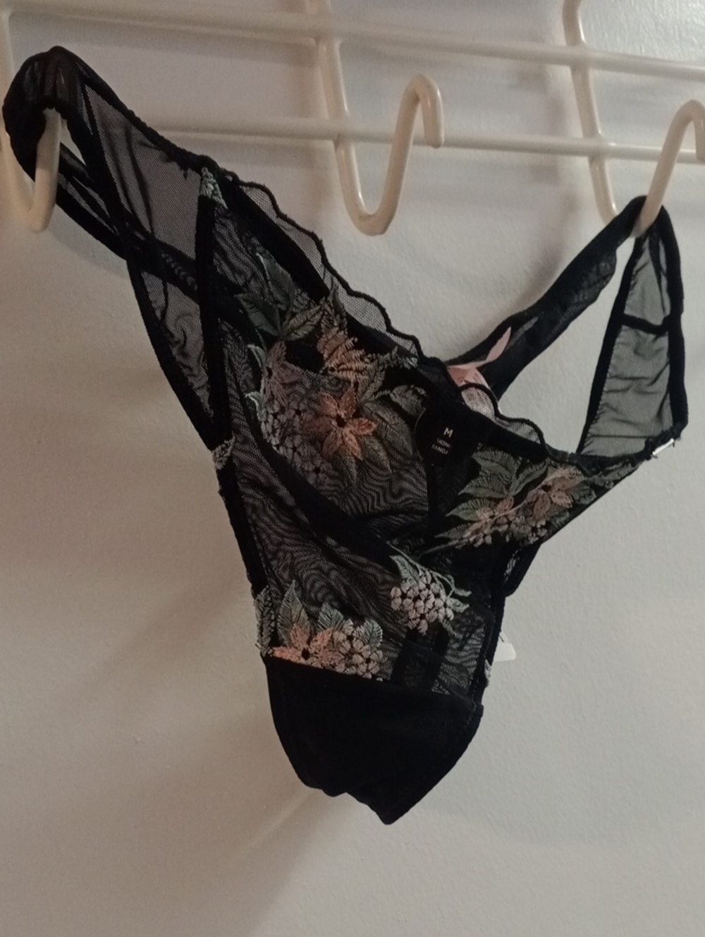La Vie En Rose Black Sheer Bikini with Pastel Floral Embroidery